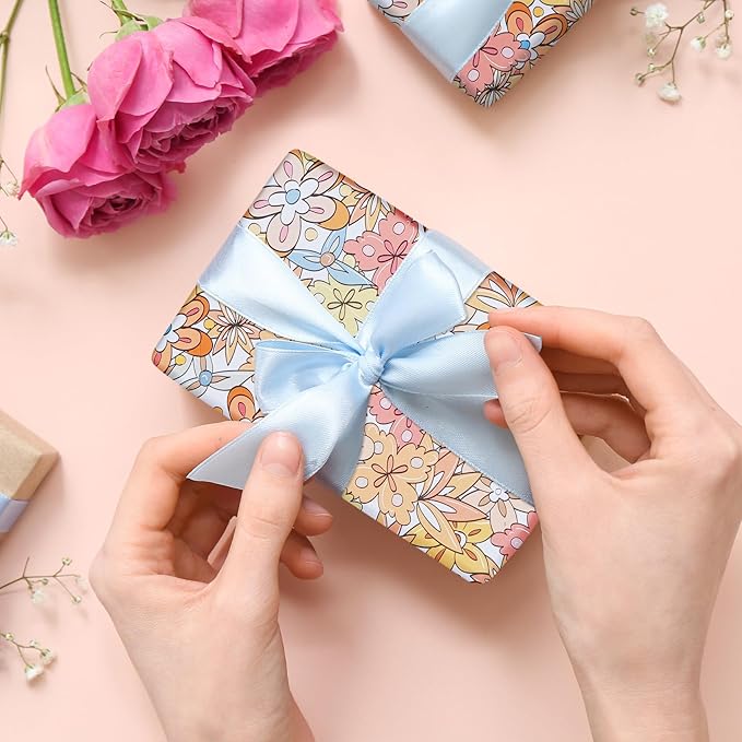 RayofSun Floral Wrapping Paper Roll 17 inch x 16.5 ft Mini Roll Boho Vintage Flower Gift Wrap All Occasion Wedding Birthday Bridal Shower Party Baby Shower Christmas