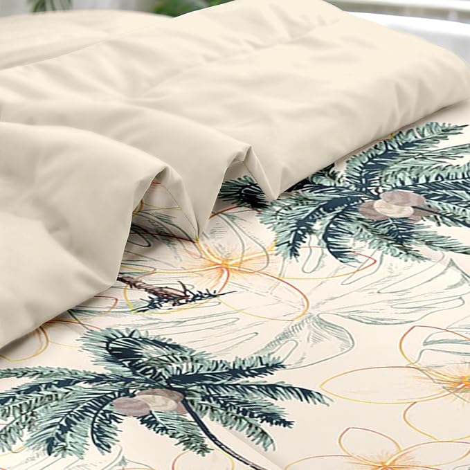 Comforter Set King Size, Tropical Botanical Palm Summer 7 Pcs Bedding for Kids and Adults, Hawaiian Coconut Tree Bed Sheet Sets with Fitted Sheet 2 Pillowcase & 2 Sham for Bedroom Bed Decor