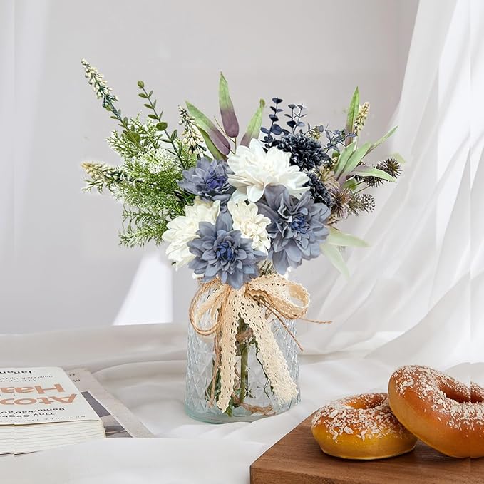 Wracra Artificial Flowers in Vase, Silk Fake Flowers in Vase, Faux Flowers Table Centerpieces for Dining Room, Bathroom Farmhouse Kitchen Coffee Table Decor (White Blue Dahlia)
