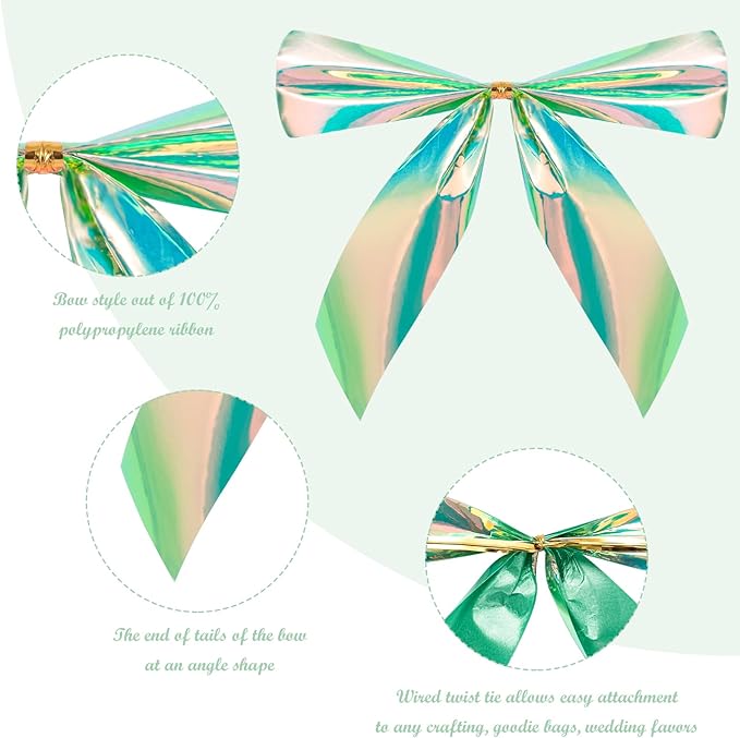 WRAPAHOLIC 24 Pcs Small Holographic Green Christmas Bows - Iridescent Green Twist Tie Bows for Christmas Tree, Wreath, Gift Wrapping, Wedding, Crafts, Home Decor - 3.5 x 3.5 inch