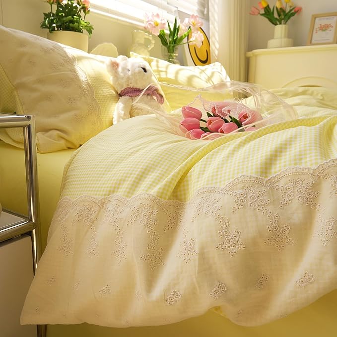 LifeTB Yellow Gingham Duvet Cover Full 3 Pieces Romantic Lace Comforter Cover Soft Microfiber Cream Yellow Grid Duvet Cover Farmhouse Plaid Checkered Comforter Cover Grid Gingham Bedding Set