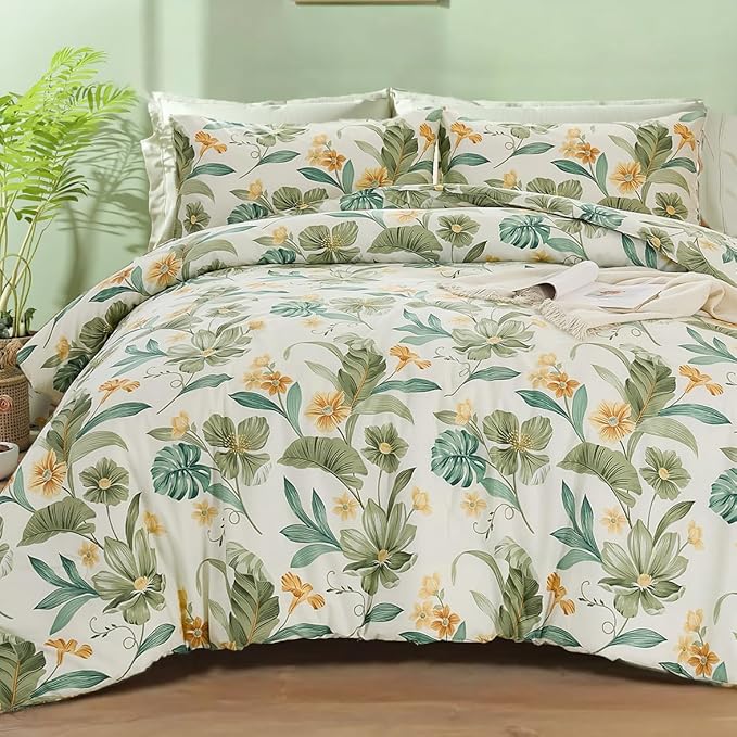 Green Floral Comforter Set King 100% Cotton Garden Style Bedding Flower Leaf Botanical Bed Chic Boho Home Decor