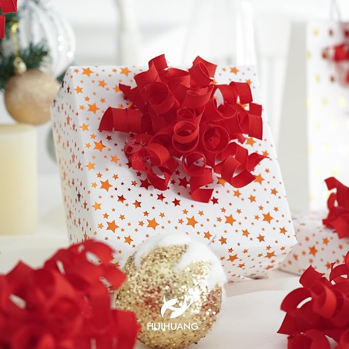 HUIHUANG Red Bows for Gift Wrapping, Red Curly Ribbon Bows Self Adhesive Burst Gift Bow for Christmas Presents, Wine Bottle, Treat Bags, Valentine's Day, Wedding Party Favor - 6 Counts