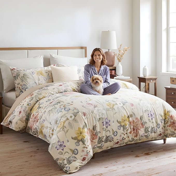 100% Cotton Duvet Cover King Size – Blooming Garden Duvet Cover Set with Zipper Closure & Corner Ties, 3-Piece Silky Soft & Breathable Pastel Floral Bedding Set for All Seasons