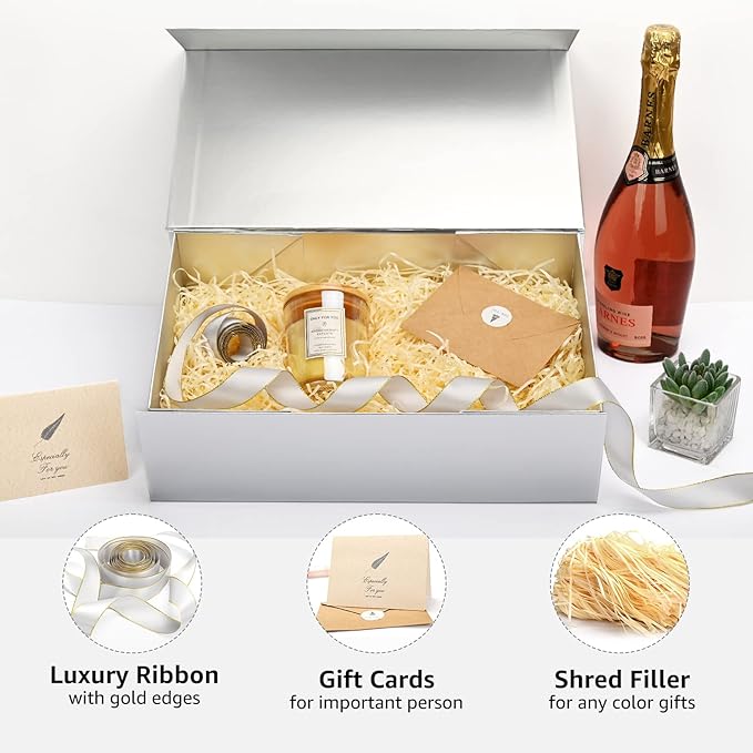 LIFELUM Gift Boxes with Lids,5 Pack 13.85 x 8.35 x 4.45 inch Silver Gift Boxes with Ribbon, Card, Shredded Paper Filler for Presents,Graduation,Christmas,Birthdays