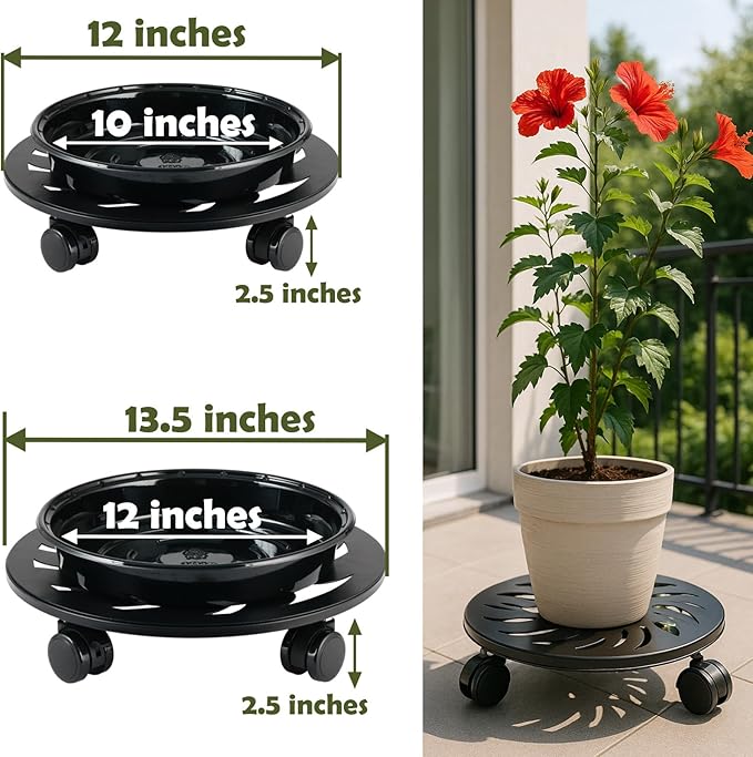 3-Pack 13.5 Inches Square Metal Plant Caddy with Wheels Heavy Duty Large Rolling Plant Stand Indoor Outdoor Wheeled Planter Dolly Cart with Lockable Casters Flower Pot Mover Roller Trolley, Black