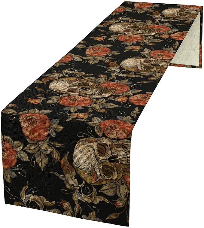 Gothic Table Runner,Vintage Skull Red Floral Pattern Table Runner for Home Kitchen Table Dining Garden Farmhouse Wedding Party Decor 13x90 Inch