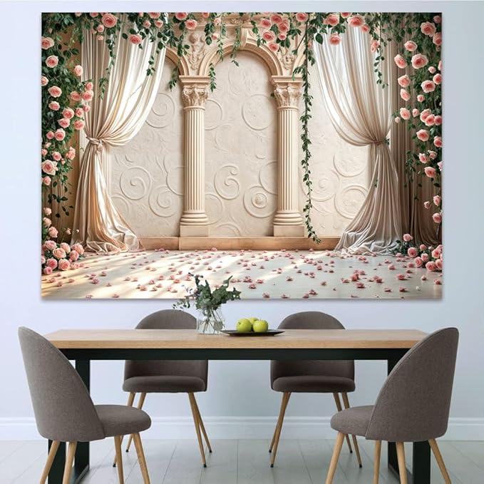 Wedding Party Backdrop, Floral Grass Wall White Sheer Curtain Flower Arch Photography Background, Greek Rose Wall Arch Lover Marriage Proposal Bridal Reception Photo Booth Props Banner 15x10ft