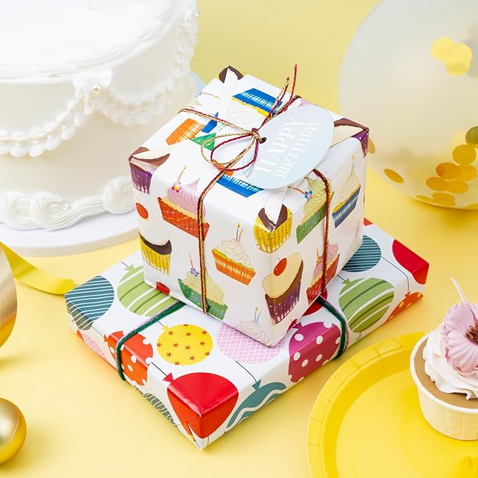 WRAPAHOLIC Birthday Wrapping Paper Sheet - 6 Sheets Balloon and Happy Bday Lettering Design Folded Flat for Birthday, Party, Baby Showers - 19.7 Inch X 27.5 Inch Per Sheet