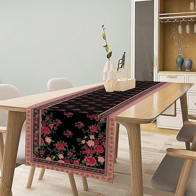 Romantic Rose Table Runner, Black Red Floral Blossoms Farmhouse Rustic Decor Table Runner for Kitchen Dining Home Party Wedding, 13x108 Inch