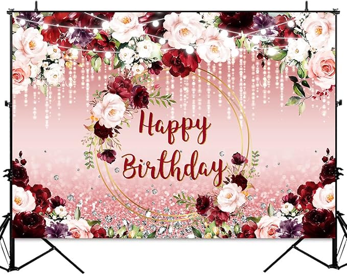 Sensfun Floral Happy Birthday Backdrop Burgundy Flowers Rose Gold Glitter Bokeh Spots Photo Background Vinyl Women Birthday Party Cake Table Decorations Photoshoot Banner (7x5ft)