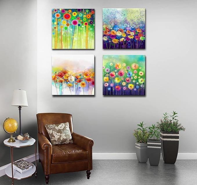 Colorful Flowers Canvas Wall Art, Floral Artwork Painting Prints ModernBathroom Pictures Framed for Living Room Bedroom Office Home Decor - 16"x16"x4 panel