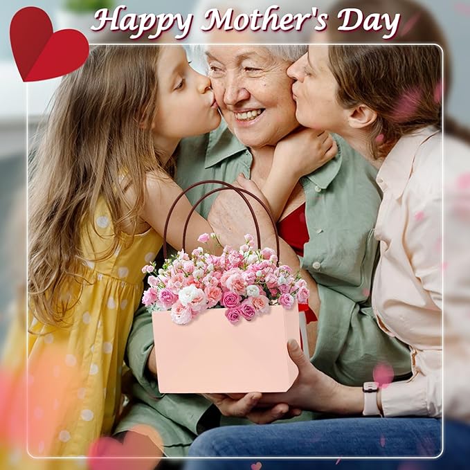 ZSDRTYU Kraft Paper Flower Gift Bags, 12 Pack Floral Gift Bags Wedding Floral Paper Flower Packing bag, Bouquet Bag Box With Handle Waterproof Flower Boxes For Wedding Birthday, Black, Pink