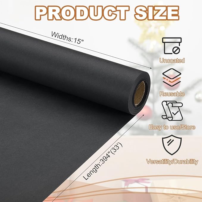 PATIKIL Wrapping Paper, 15" x 394"(33') 70 GSM Craft Paper Roll Kraft Packing Paper for Poster Bulletin Board, Gift Wrapping, Black