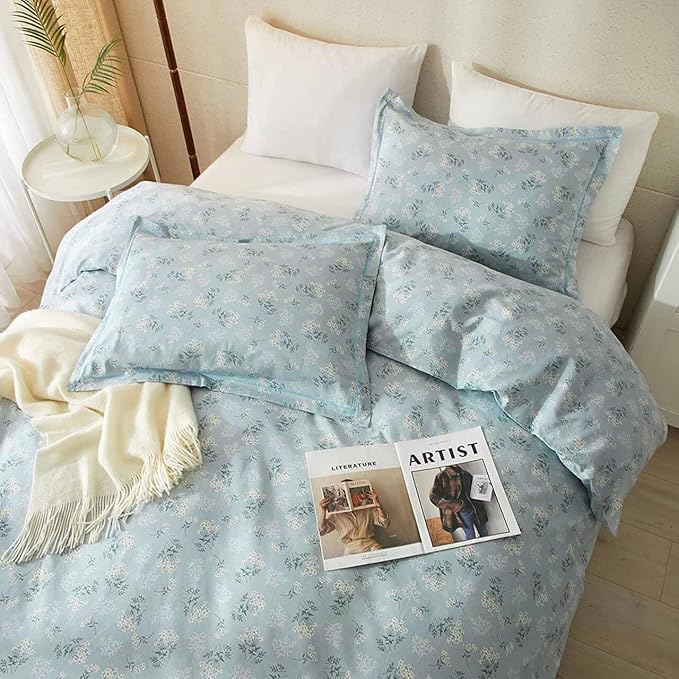 LifeTB Blue Floral Comforter Set King Size Vintage Flower Botanical Comforter with 2 Pillowcases Fluffy Soft Aesthetic Floral Cottagecore Bedding Set Chic Flower Leaves Pattern King Comforter Set