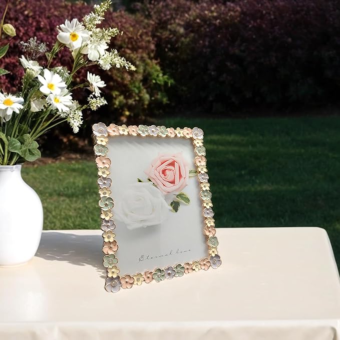 Vintage 4X6 Floral Metal Picture Frame with Enamel Finis Glass Front - Ornate Antique Colorful Flowers Photo FrameTabletop/Wall Display Gifts for Women Wedding Decorate