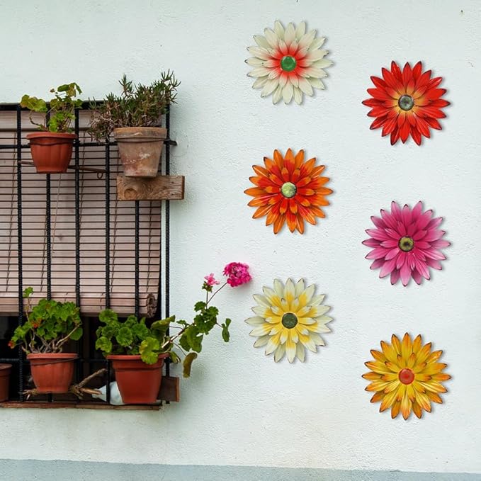hogardeck Metal Flower Wall Decor - 6 PCS 6" Colorful Flower Decor for Indoor Outdoor, Sunflower Kitchen Decor Floral Metal Wall Art for Bathroom, Living Room, Porch, Garden, Yard