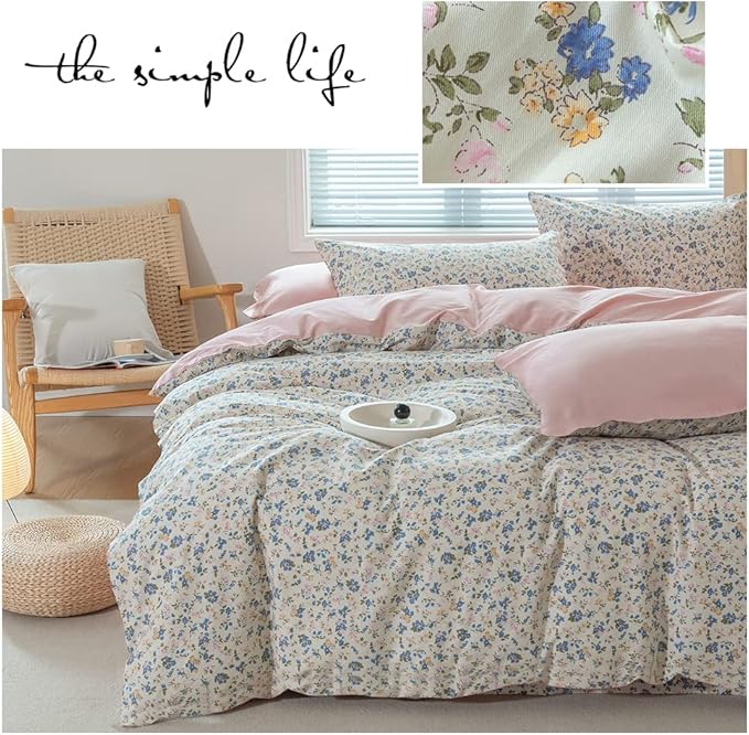 EAVD Botanical Floral Duvet Cover King Soft 100% Cotton Blue Pink Floral Bedding Set with 2 Pillowcases Chic Vintage Style Garden Floral Comforter Set Reversible Solid Pink Duvet Cover Set