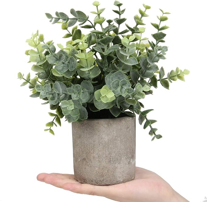 Flojery Small Fake Plants Eucalyptus Potted Mini Potted Plants Artificial Eucalyptus Boxwood Rosemary Greenery in Pots Faux Potted Herbs Small House Plants for Indoor Greenery Tabletop Set of 4