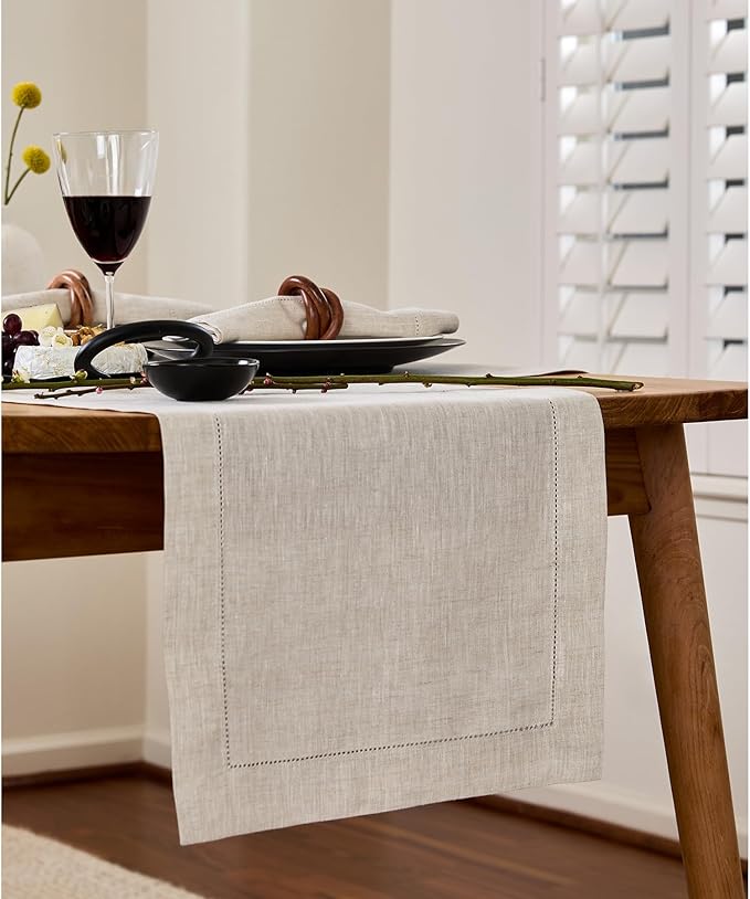 Solino Home Linen Light Natural Table Runner 156 Inches Long - 100% Pure Linen Extra Long Table Runner 14 x 156 Inch for Spring, Easter - Classic Hemstitch