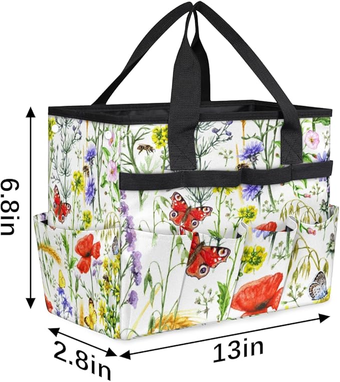 Garden Tool Tote Bag for Women Men Flower Butterfly Bee Gardening Tool Storage Bags with 10 Pockets Standable Garden Home Tool Kits Organizer for Indoor Outdoor Gardening Gifts