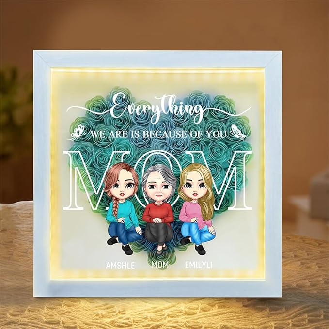 Personalized Mom Flower Shadow Box with LED Light Custom Heart Shaped Rose Flower Shadow Box Frame Everything We Are Is Because Of You Mother's Day Portrait Shadowbox Memory Gifts for Mom