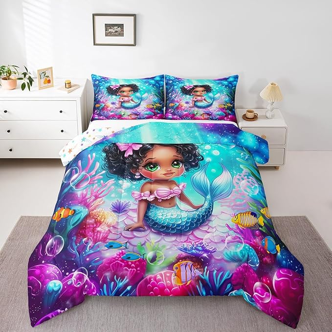 Cute Mermaid Comforter Set King Size,Reversible Cute Girl Fish Scale Print Black Bedding Set All Season Quilt Set,African Style Cartoon Fairy Tale Theme Microfiber Polyester Down Comforter