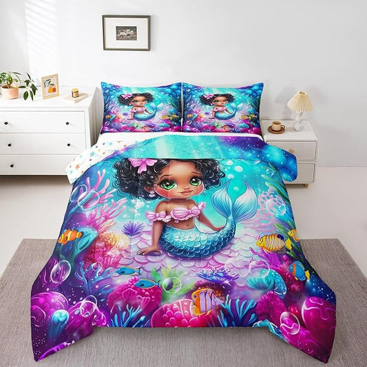 Cute Mermaid Comforter Set King Size,Reversible Cute Girl Fish Scale Print Black Bedding Set All Season Quilt Set,African Style Cartoon Fairy Tale Theme Microfiber Polyester Down Comforter