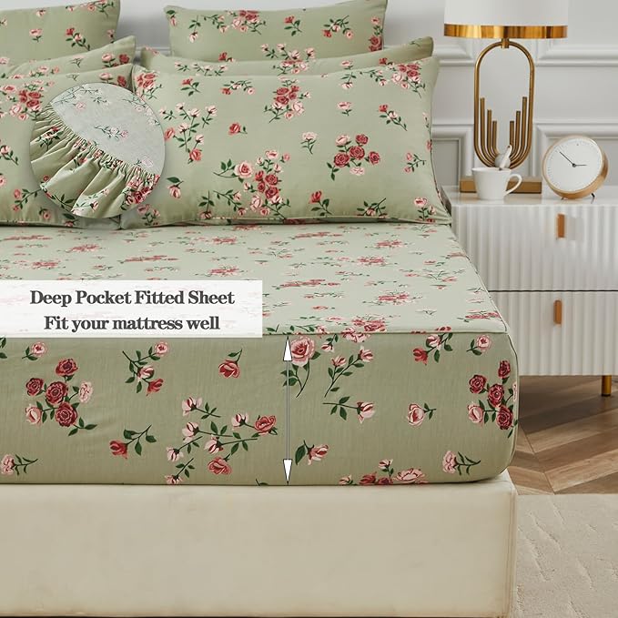 FADFAY King Size Sheet Set 100% Cotton Sage Green Bed Sheets, French Country Red Rose Floral Pattern, Soft Cool Luxury Bedding, Shabby Vintage Style, 4 Pieces Deep Pocket Fitted Sheet