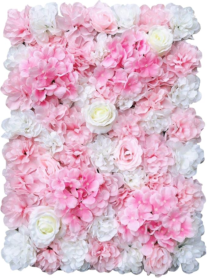 16"x 24" Artificial Flower Wall Panels,Flower Wall Mat Silk Flower Panels for Outdoor Garden Backyard Fence Fence Privacy Screen and Indoor Wall Decor(12Pcs Pink+White,Style 2)