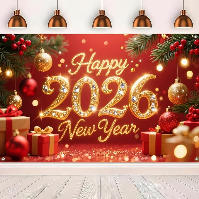 2026 Happy New Year Banner 71x43 Inch Red Gold Christmas Ball Holiday Party Wall Decoration Glitter Photo Backdrop for Indoor Countdown Celebration Home Event and Festive Background Display
