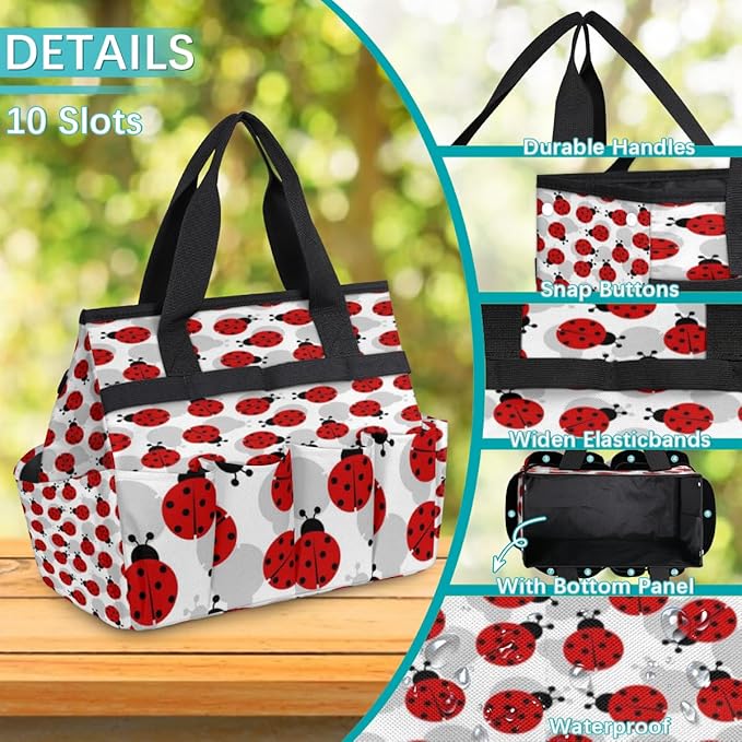 Ladybugs Pattern Garden Tool Tote Bag for Women Men Gardening Tool Storage Bags with 10 Pockets Standable Garden Home Tool Kits Organizer for Indoor Outdoor Gardening Gifts