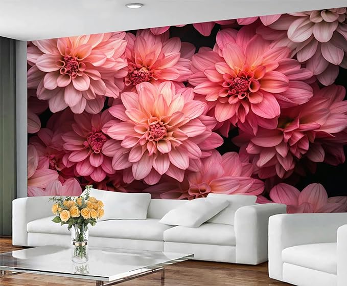 Pink Dahlia Floral Wall Mural, Blush Pink Dahlia 3D Wall Murals, Romantic Floral Wallpaper Mural, for Living Room Bedroom Large Wallpaper Indoor Decor 197" W x124.8 H