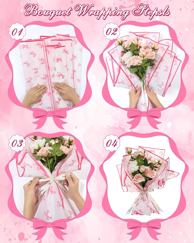 Liobelon 20 Sheets Flower Wrapping Paper Waterproof Bouquet Paper Bow Pattern Rose Pink Gift Wrapping Paper for Flower Shop, Wedding, Birthday Party, Handmade DIY, Anniversary 22.8 x 22.8Inch