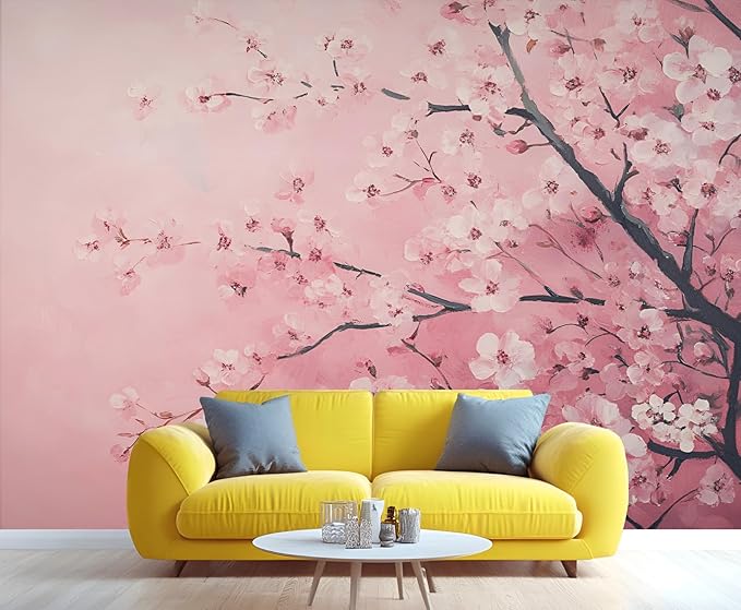 Pink Cherry Blossom Wall Mural, Romantic Cherry Blossom 3D Wall Murals, Japanese Flower Wallpaper Mural, for Living Room Bedroom Large Wallpaper Indoor Decor 78.7" W x55.1 H