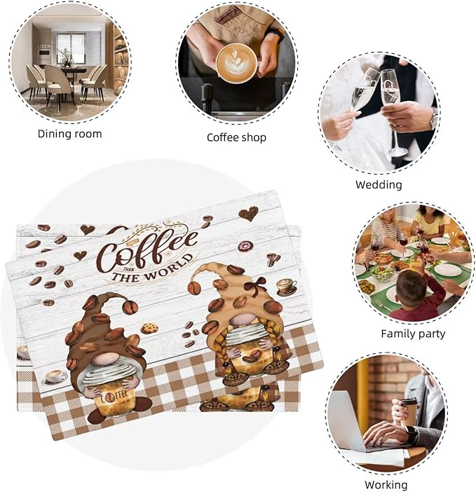 Coffee Gnomes Linen Placemats Set of 6 Brown Buffalo Plaid Placemat Indoor Outdoor Party Home Desktop Kitchen Dining Room Decoration 12x18 Inch