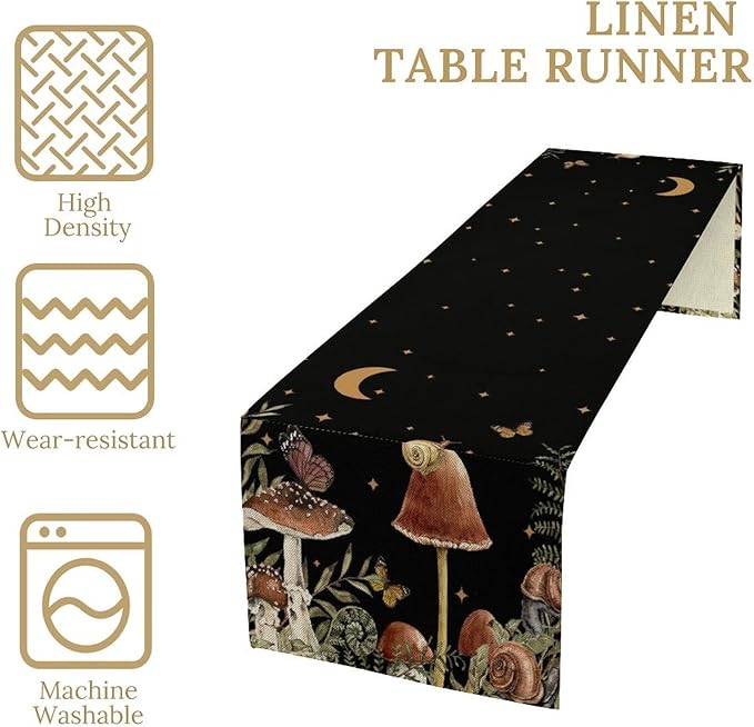 Retro Mushroom Table Runner, Boho Night Plants Leaves Moon Star Botanical Snail Butterfly Print Table Runner for Home Kitchen Dining Table Decor, 13x60inch