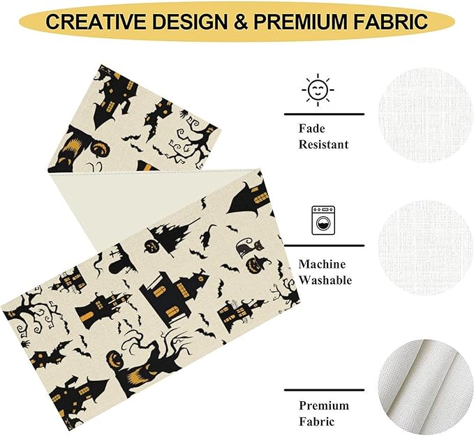 Halloween Table Runner, Retro Gothic Spoonky House Day of Death Mysterious Halloween Coffee Table Center Decor for Home Kitchen Dining Patio Holiday Party Table Decorations 13x108 inches