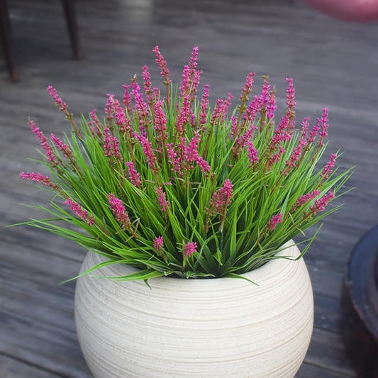 Artificial Plants Outdoor 12 Bundles Fake Monkey Grass Fade Resistant Plastic Faux Flowers Look Real for Porch Patio Home Garden Pot Decor (12 Bundles Pink Monkey Grasses)