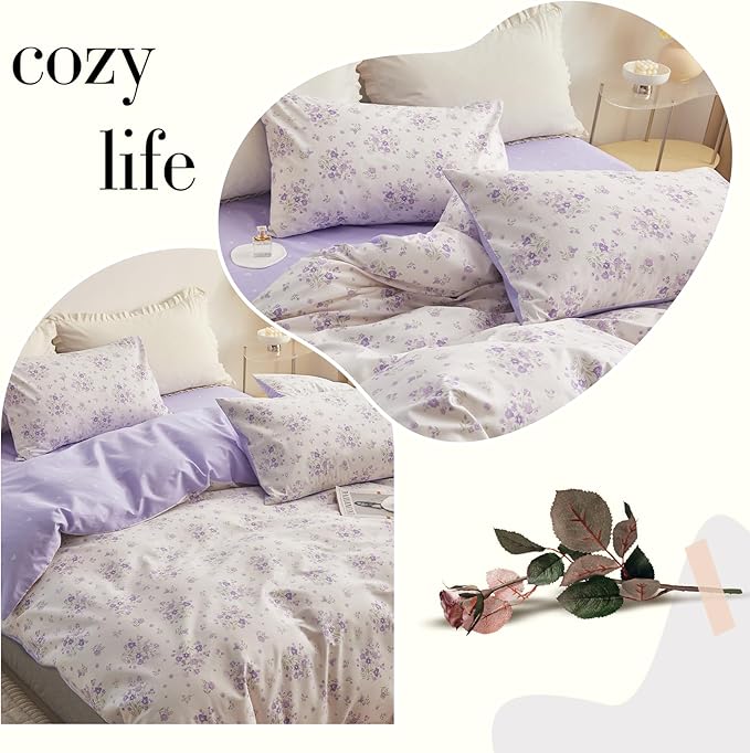 VM VOUGEMARKET Purple Flower Duvet Cover Set Twin Cotton 3 Pcs Girls White Lavender Comforter Cover with Zipper Closure,Romantic Duvet Cover + 2 Pillowcases for Spring