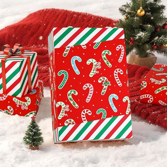 WERNNSAI Candy Cane Christmas Wrapping Paper - 1 Roll 17”x 33 ft Red Christmas Wrapping Paper for Kids Reversible Candy Cane and Stripe Gift Wrap for Xmas Holiday Winter Party Celebration