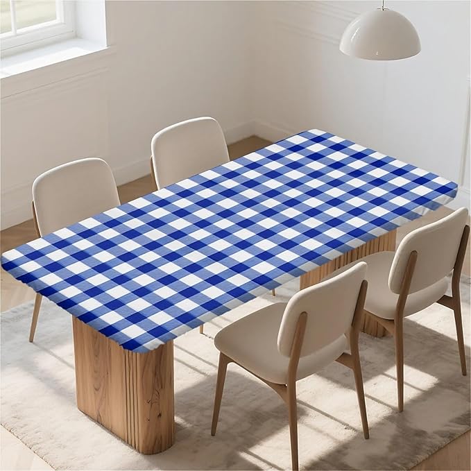 Rectangle Table Cloth Cover Waterproof Elastic Fitted Polyester Fitted Tablecloths for 4 Foot Tables for Indoor,Picnic, Camping, Outdoor （48" x 24"，Blue Grid）