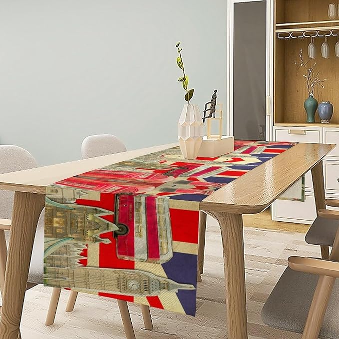 British Table Runner, Seasonal Vintage Buildings England London Culture Element Coffee Table Center Decor for Home Kitchen Dining Patio Holiday Party Table Decorations 13x72 inches