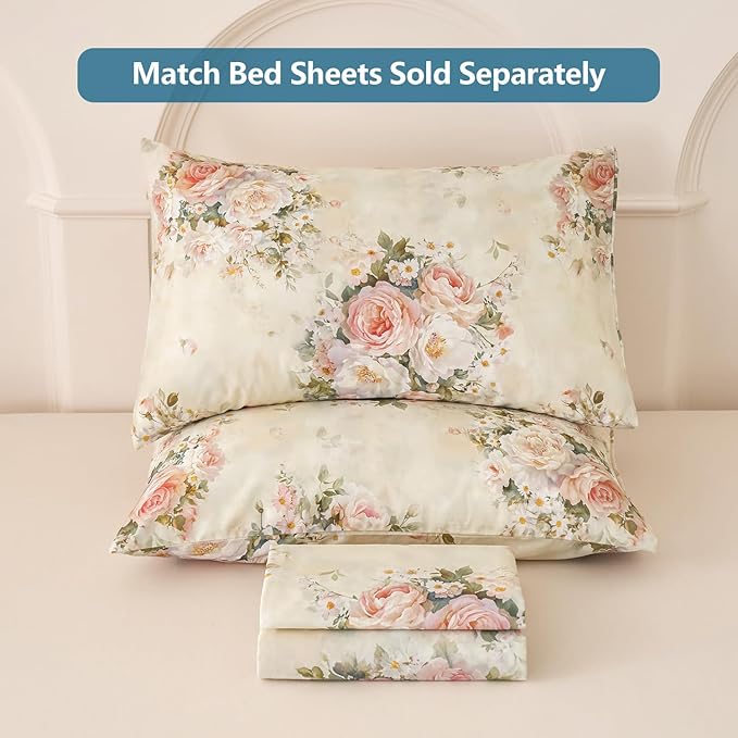 Ruffle Floral Duvet Cover Set 100% Cotton Queen Size, Shabby Blush Pink Cream Rose Comforter Cover, Satin Weave, Soft & Breathable, French Country Cottagecore Bedding 3Pcs-Not Comforter