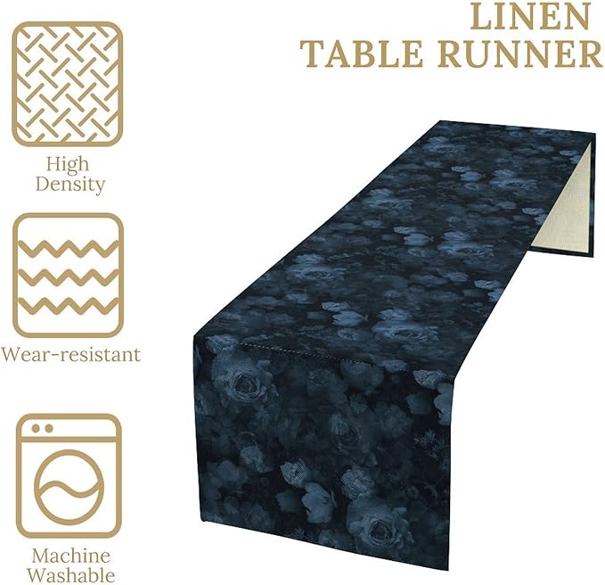 Gothic Floral Table Runner, Retro Dark Blue Flower Garden Witchy Rose Print Coffee Table Center Decor for Home Kitchen Dining Patio Holiday Party Indoor Outdoor Table Decorations 13x72 inches