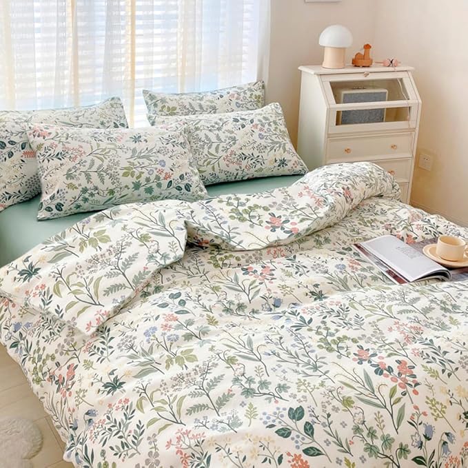 VM VOUGEMARKET Green Flower Comforter Set Queen,Bright Fresh Forest Botanical Bedding Set,Soft & Lightweight Comforter for Girls Women-Green White