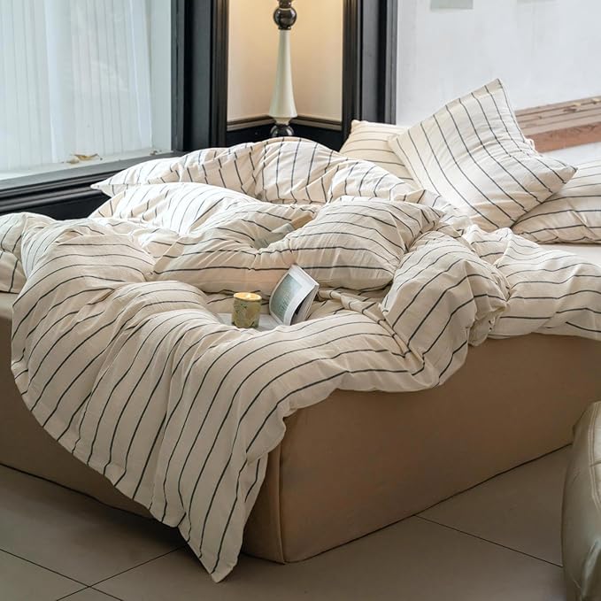 Striped Comforter Set Twin XL Size Grey Stripes Pattern Printed Comforter 3 Pieces Lightweight Boho Bedding Comforter Set for All Seasons Breathable Soft Fluffy Beige Comforter with 2 Pillowcases