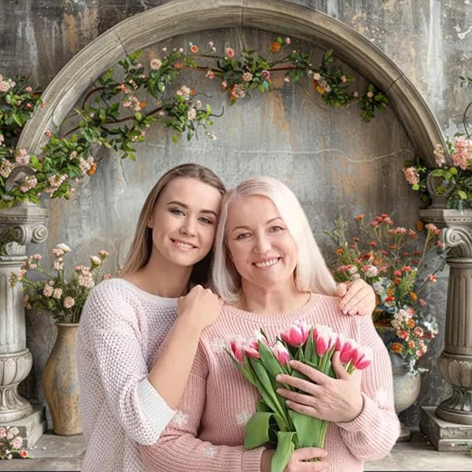 7x5ft Vintage Flower Backdrop Pink Boho Floral Wedding Wall Retro European Arch Green Grass Nature Photography Background Princess Birthday Bridal Shower Anniversary Valentines Day Decor