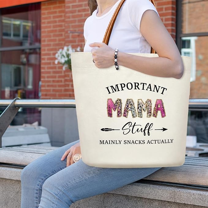 Canvas Tote Bag for Women, Important Stuff Bag with Leather Handle, Reusable Grocery Bags for Shopping Beach Travel