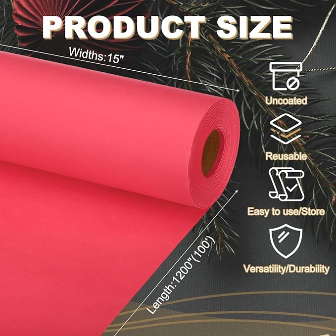 PATIKIL Wrapping Paper, 15"x1200"(100') Bulletin Board Paper Roll Kraft Paper Roll Construction 80GSM for Shipping Packing Gift Wrapping Craft Flower Bouquet Christmas, Red